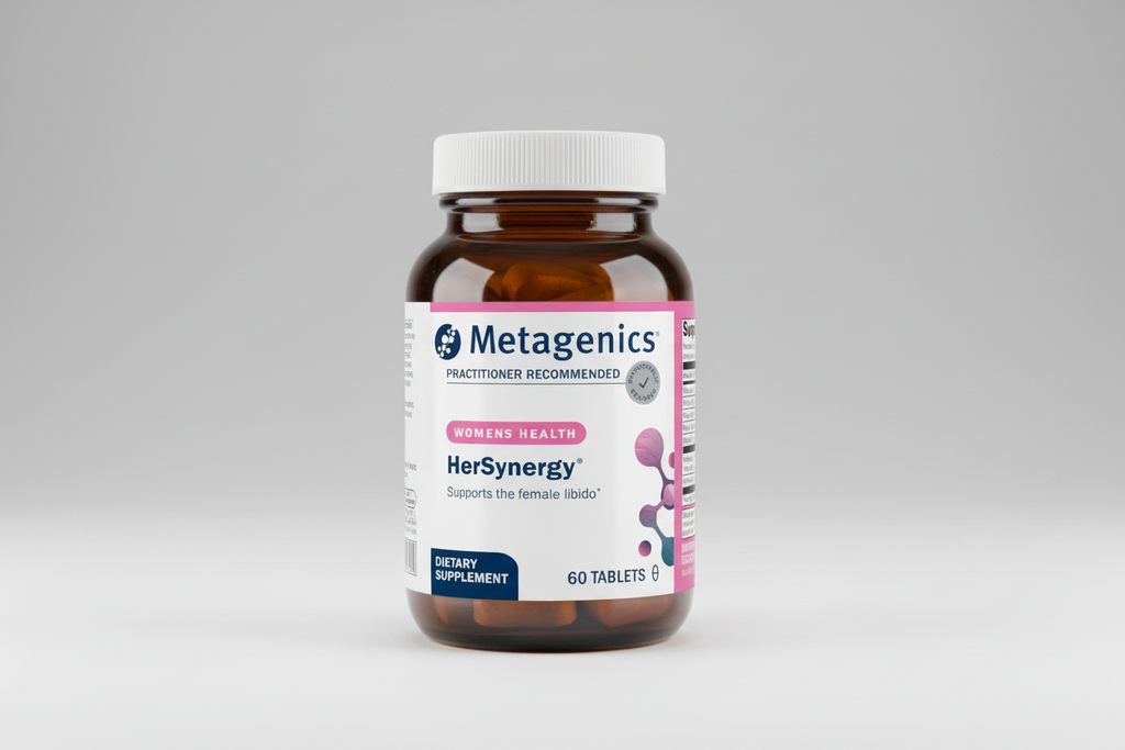 Metagenics HerSynergy supplement bottle on a gray background