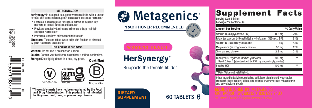 Metagenics HerSynergy supplement label with product details and branding.