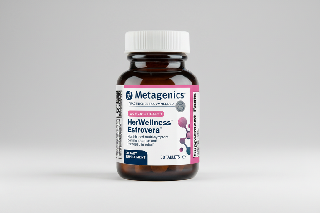 Metagenics HerWellness Estrovera dietary supplement bottle on a white background