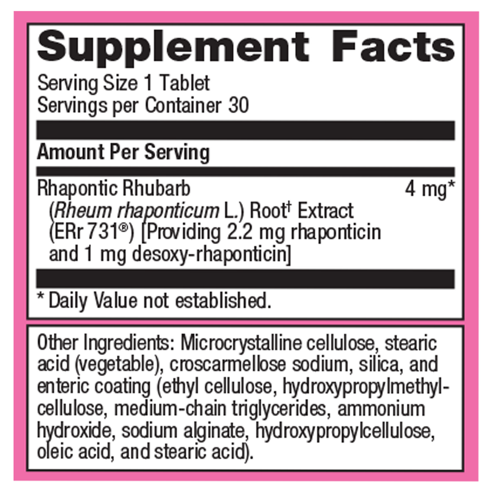 Supplement facts label with pink border and black text on a white background