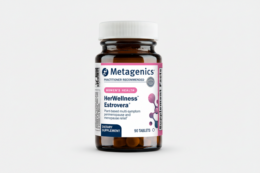 Metagenics HeWellness Estrovera supplement bottle on a white background