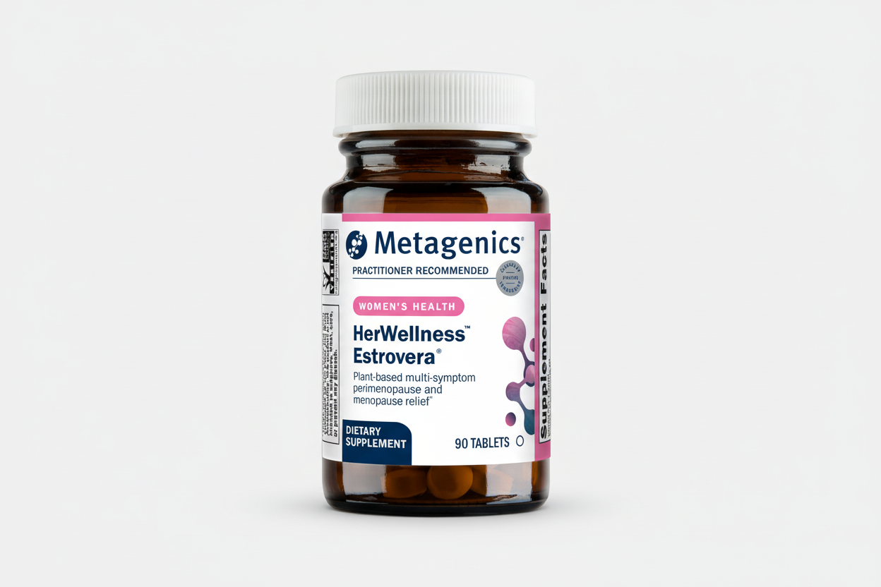 Metagenics HeWellness Estrovera supplement bottle on a white background