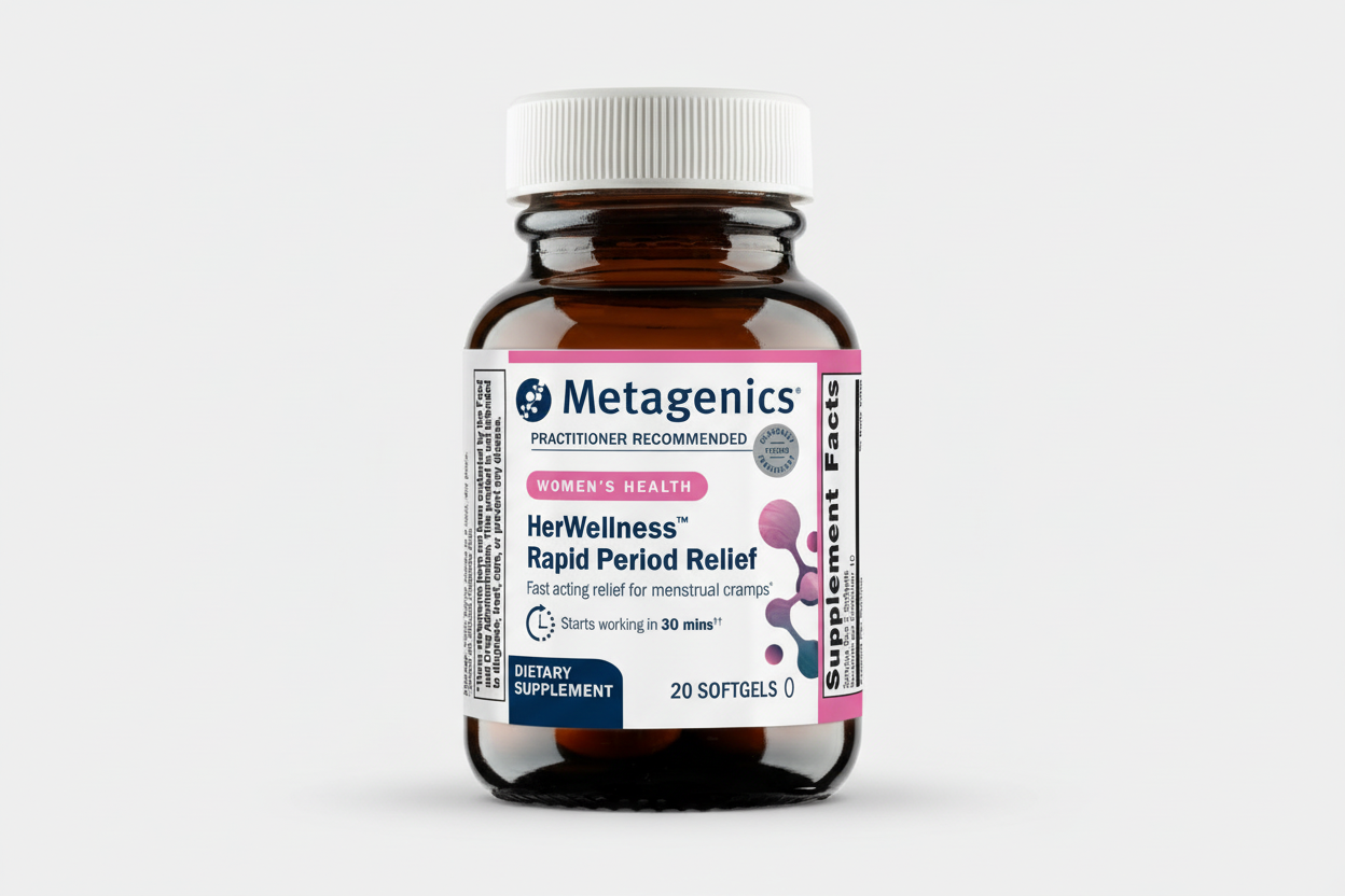Metagenics supplement bottle on a white background
