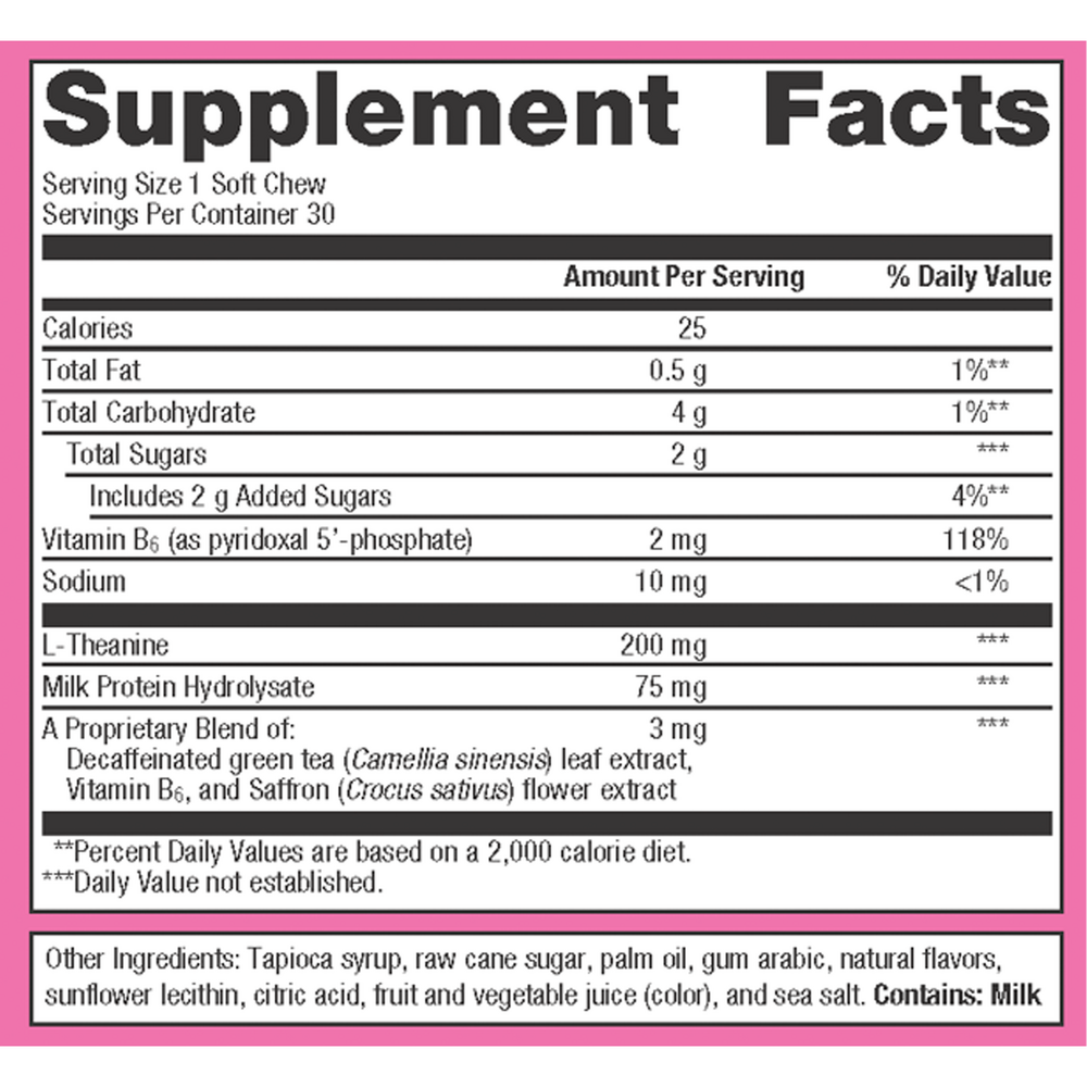 Supplement facts label with pink border and black text