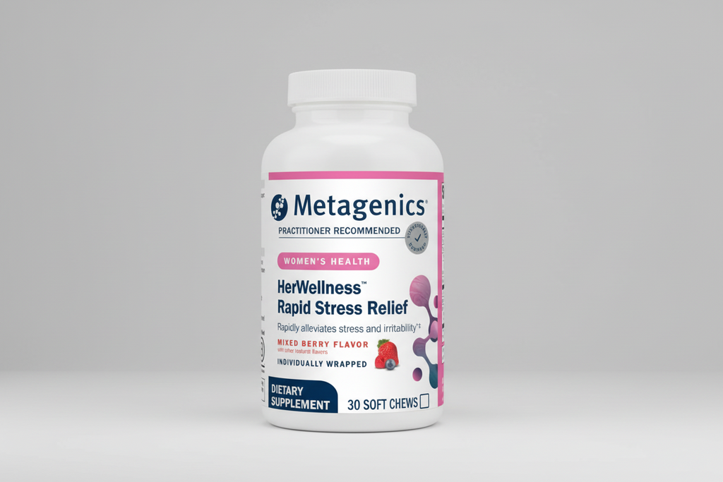 Metagenics HerWellness Rapid Stress Relief dietary supplement bottle on a white background