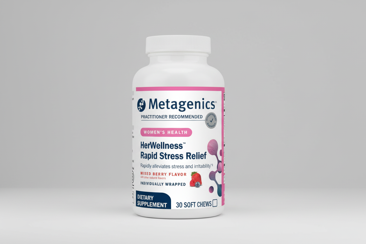 Metagenics HerWellness Rapid Stress Relief dietary supplement bottle on a white background