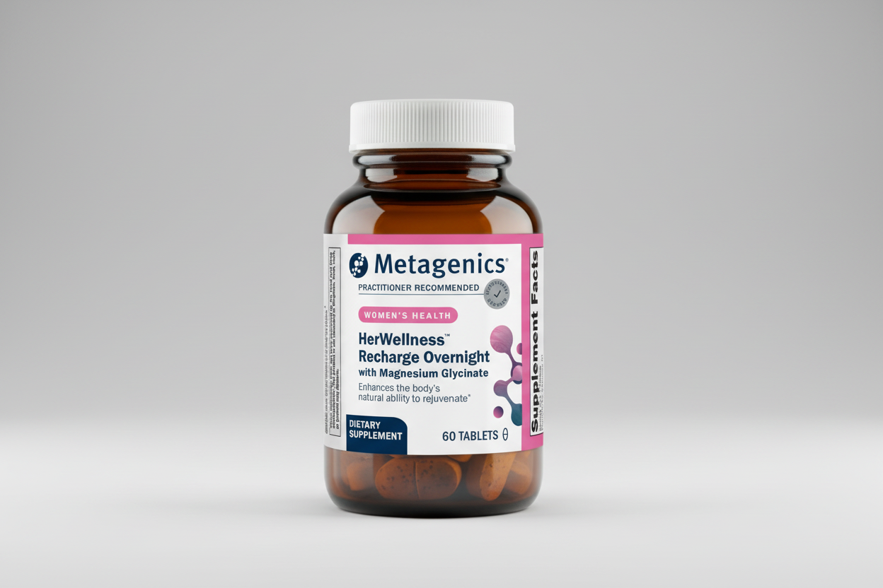 Metagenics supplement bottle on a gray background