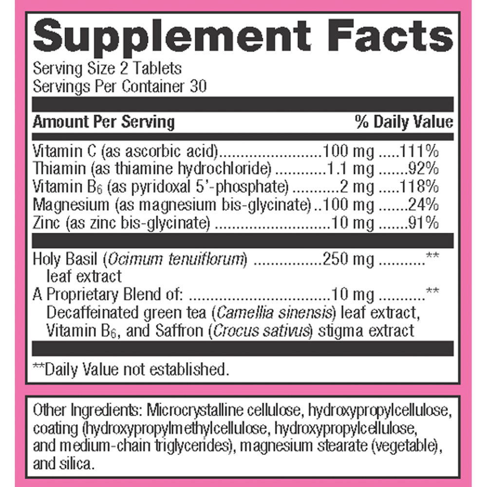 Supplement facts label with detailed nutritional information on a pink background