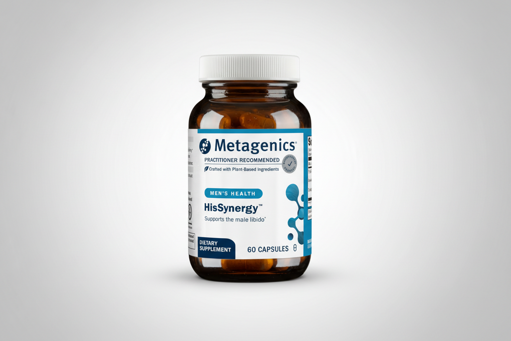 Metagenics HisSynergy supplement bottle on a light gray background