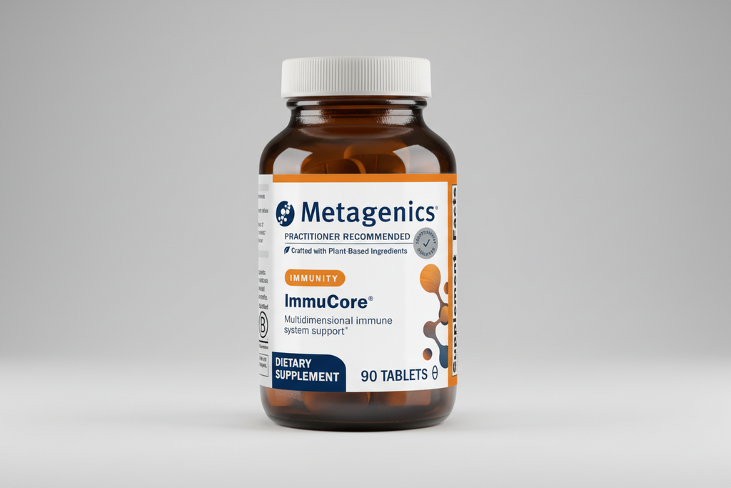 Metagenics ImmuCore dietary supplement bottle on a gray background