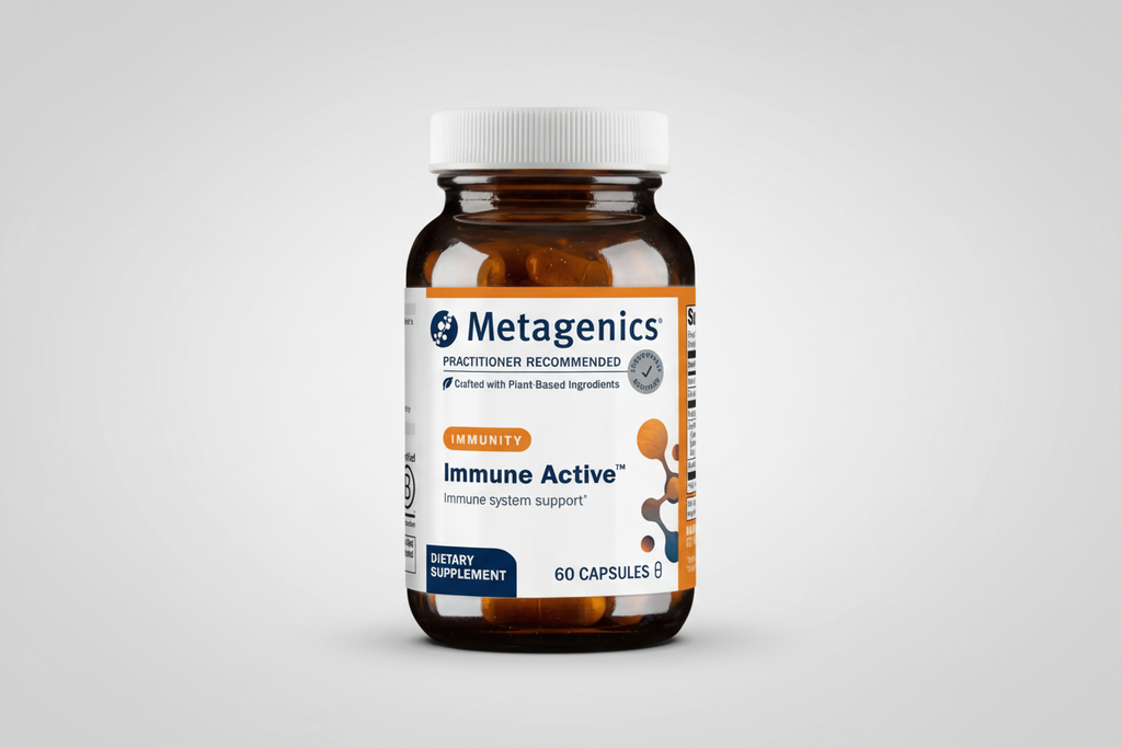 Metagenics Immune Active dietary supplement bottle on a white background