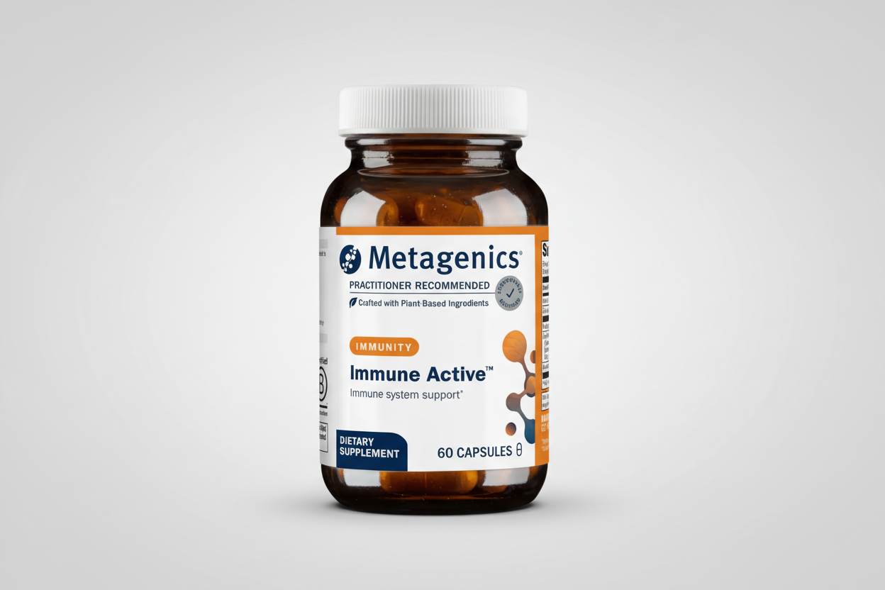 Metagenics Immune Active dietary supplement bottle on a white background