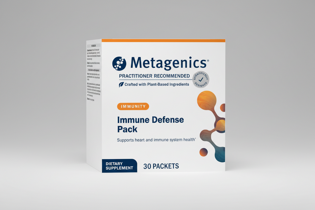 Metagenics Immune Defense Pack dietary supplement box on a gray background