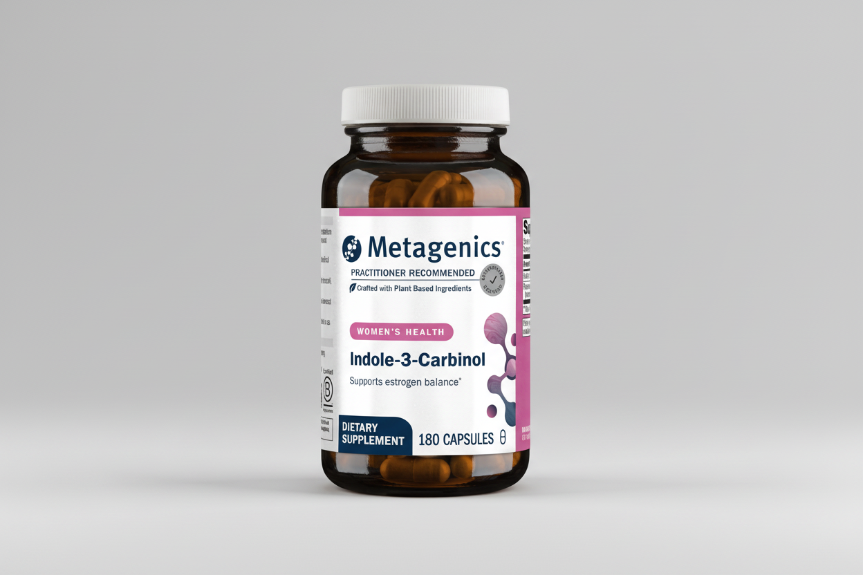Metagenics Indole-3-Carbinol dietary supplement bottle on a white background