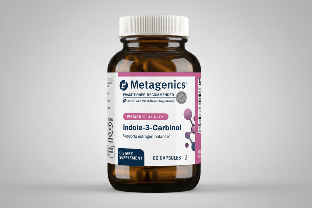 Metagenics Indole-3-Carbinol dietary supplement bottle on a white background