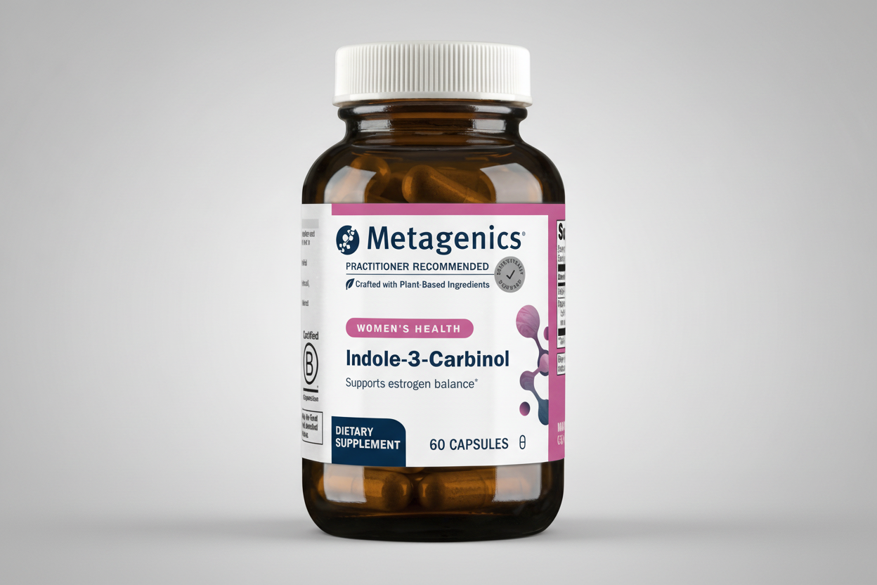 Metagenics Indole-3-Carbinol dietary supplement bottle on a white background
