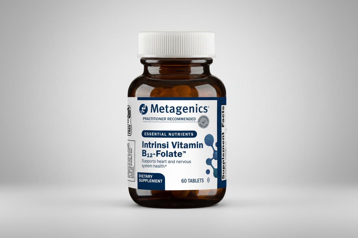 Metagenics Intrinsi Vitamin B12-Folate supplement bottle on a white background