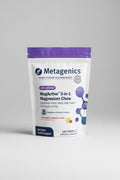 A white stand-up pouch of Metagenics MagActive 3-in-1 Magnesium Chew dietary supplement, featuring a purple top band, blue and purple text, and small raspberry lemonade flavor graphics near the bottom.