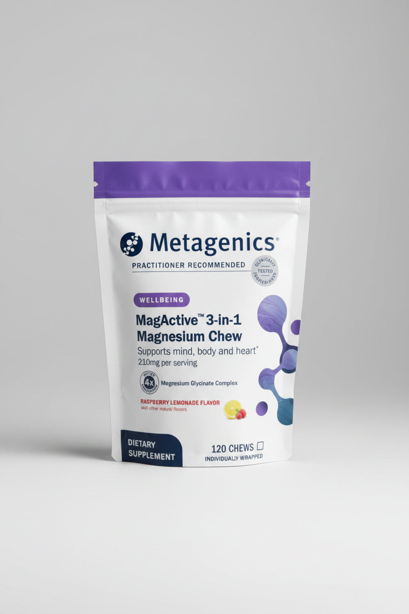 A white stand-up pouch of Metagenics MagActive 3-in-1 Magnesium Chew dietary supplement, featuring a purple top band, blue and purple text, and small raspberry lemonade flavor graphics near the bottom.