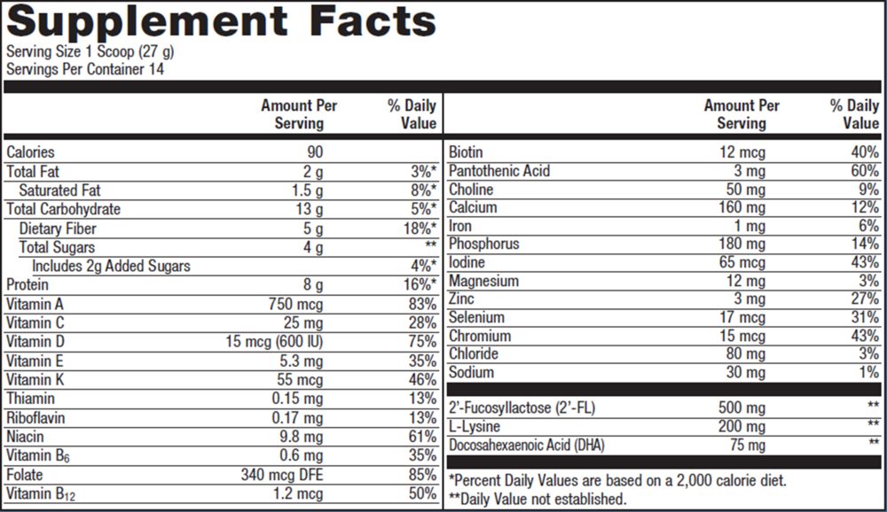Supplement facts label with detailed nutritional information on a white background