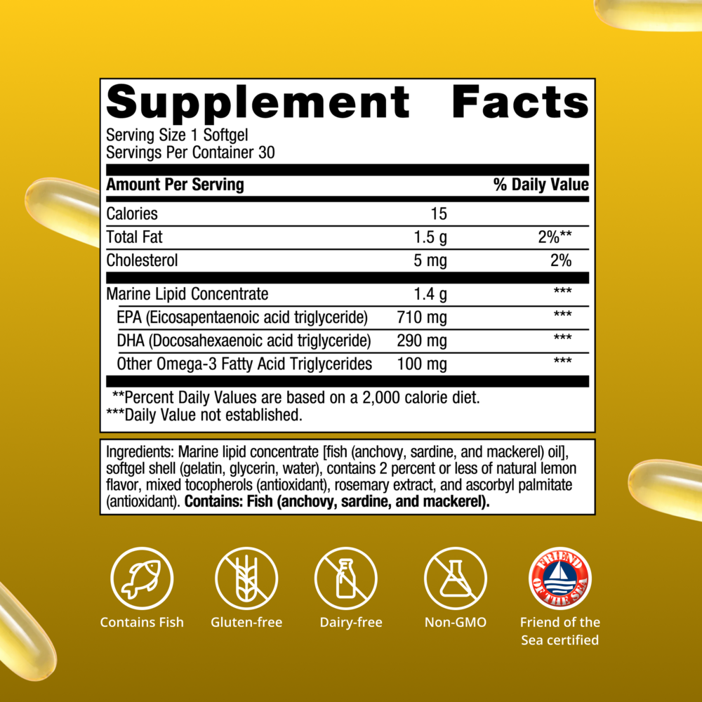 Supplement facts label with nutritional information on a yellow background