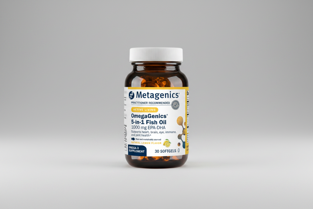 Metagenics OmegaGenics 5-in-1 Fish Oil supplement bottle on a white background