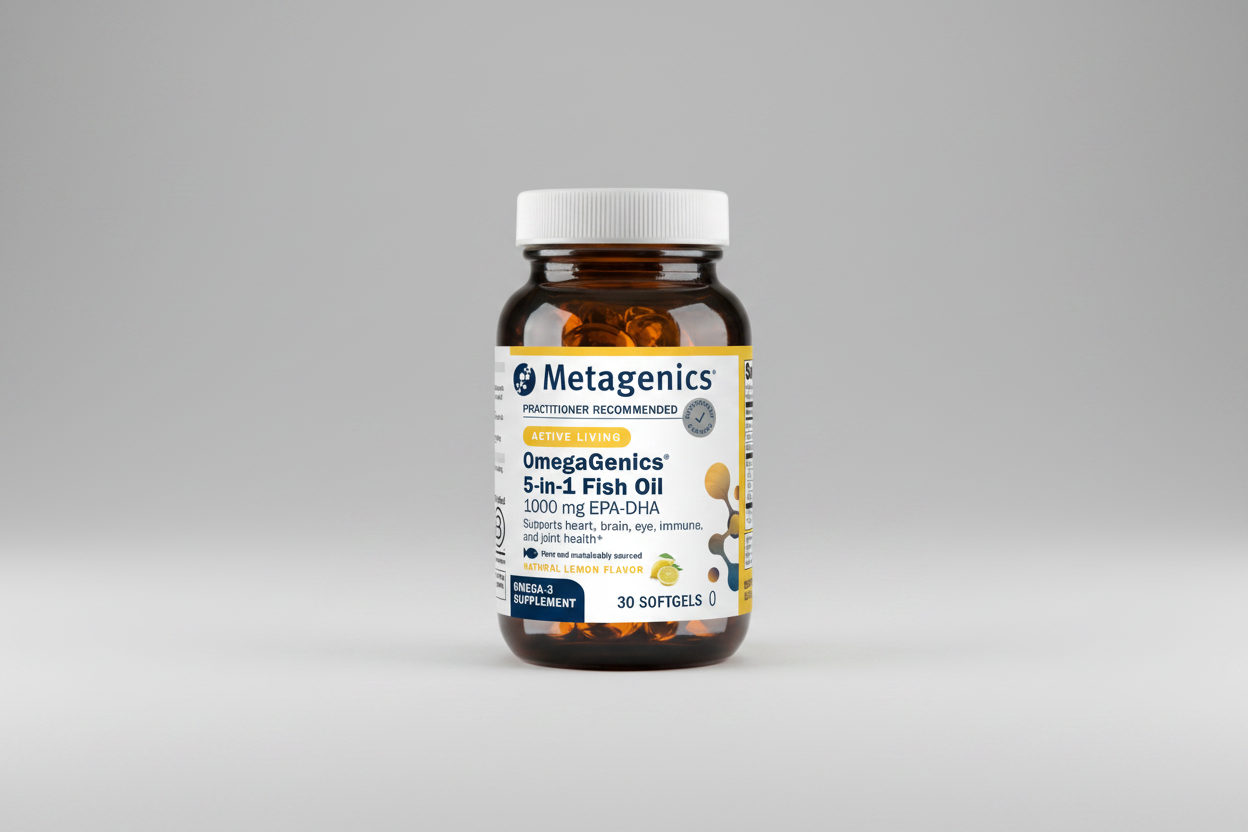 Metagenics OmegaGenics 5-in-1 Fish Oil supplement bottle on a white background