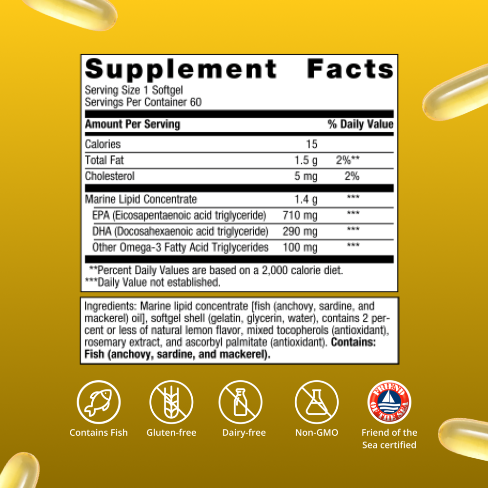 Supplement facts label on a yellow background with capsules.