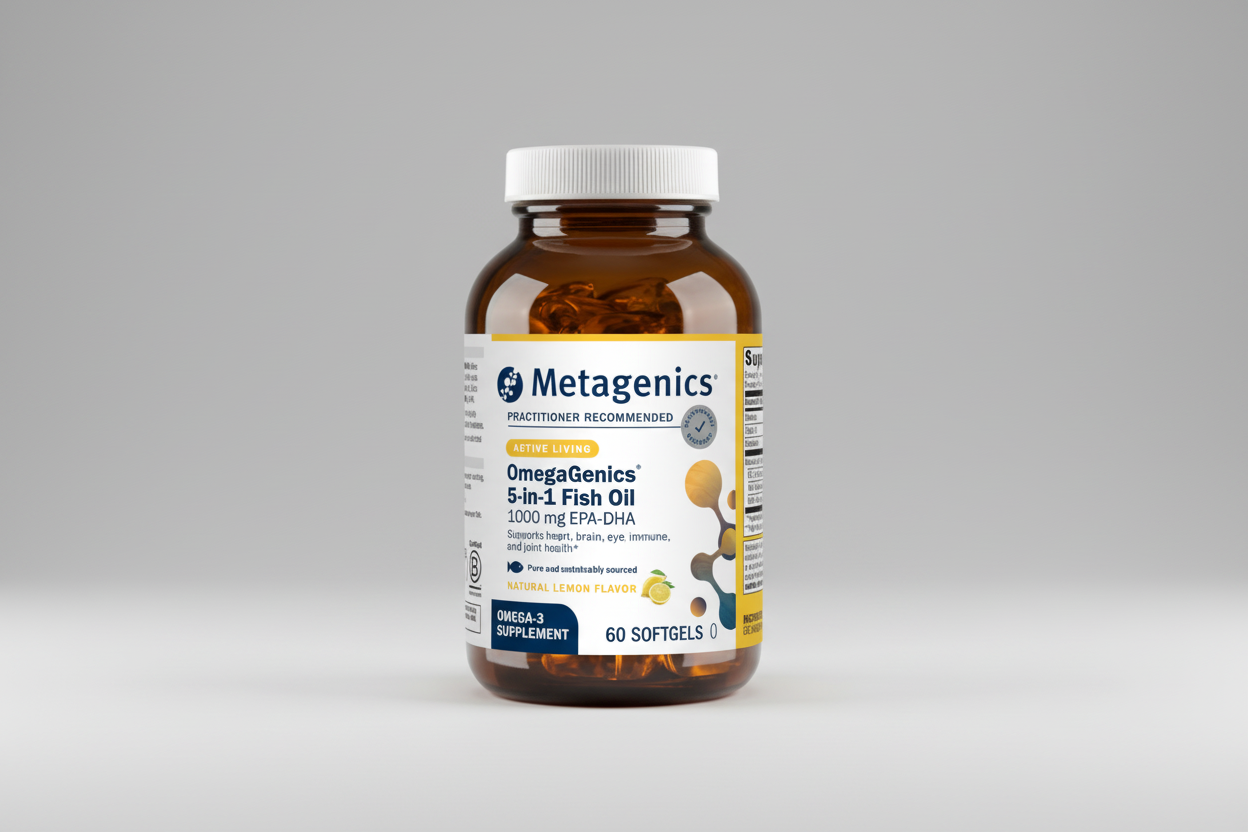 Metagenics OmegaGenics 5-in-1 Fish Oil supplement bottle on a white background