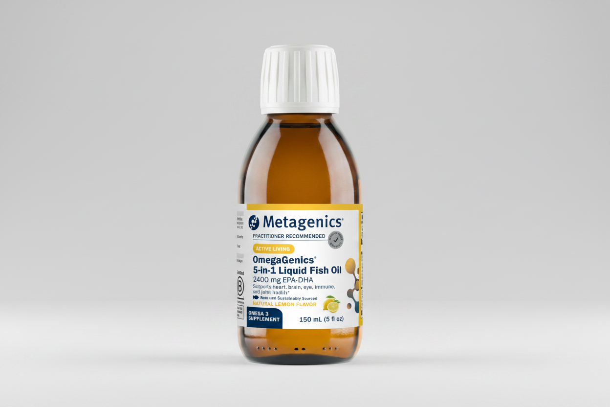 Metagenics OmegaGenics 5-in-1 Liquid Fish Oil bottle on a white background