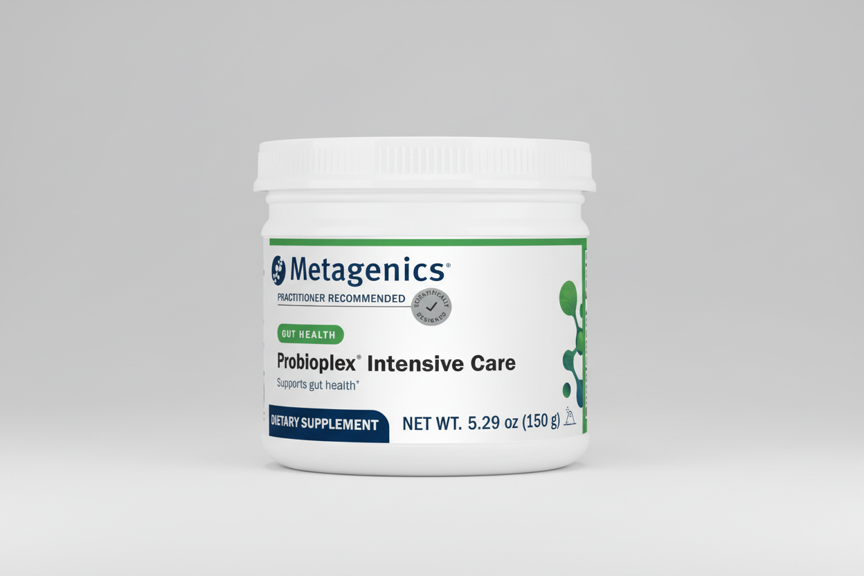 Metagenics Probioplex Intensive Care dietary supplement jar on a white background