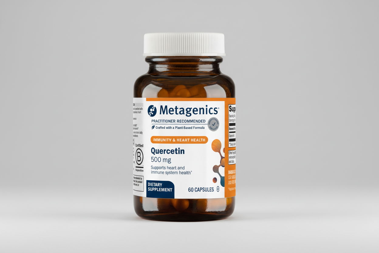 Metagenics Quercetin dietary supplement bottle on a white background