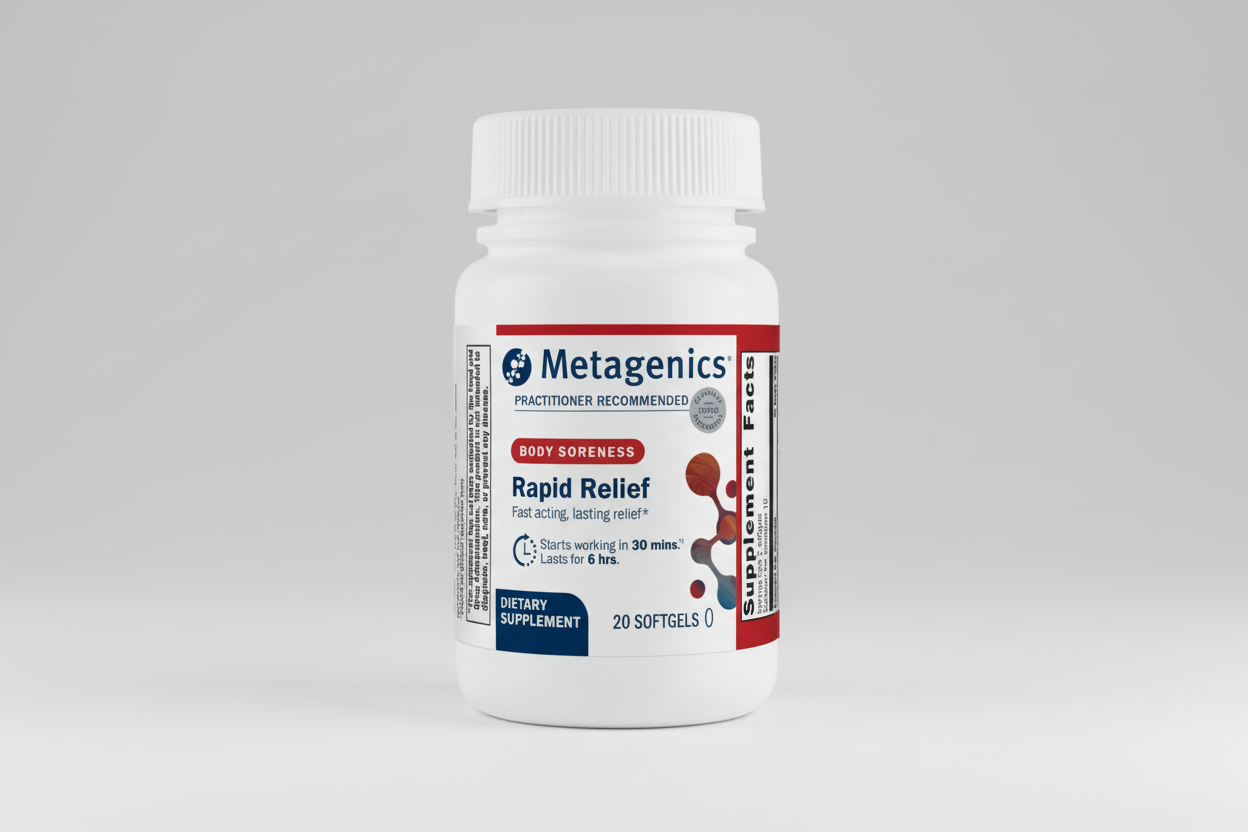 Metagenics Rapid Relief dietary supplement bottle on a white background