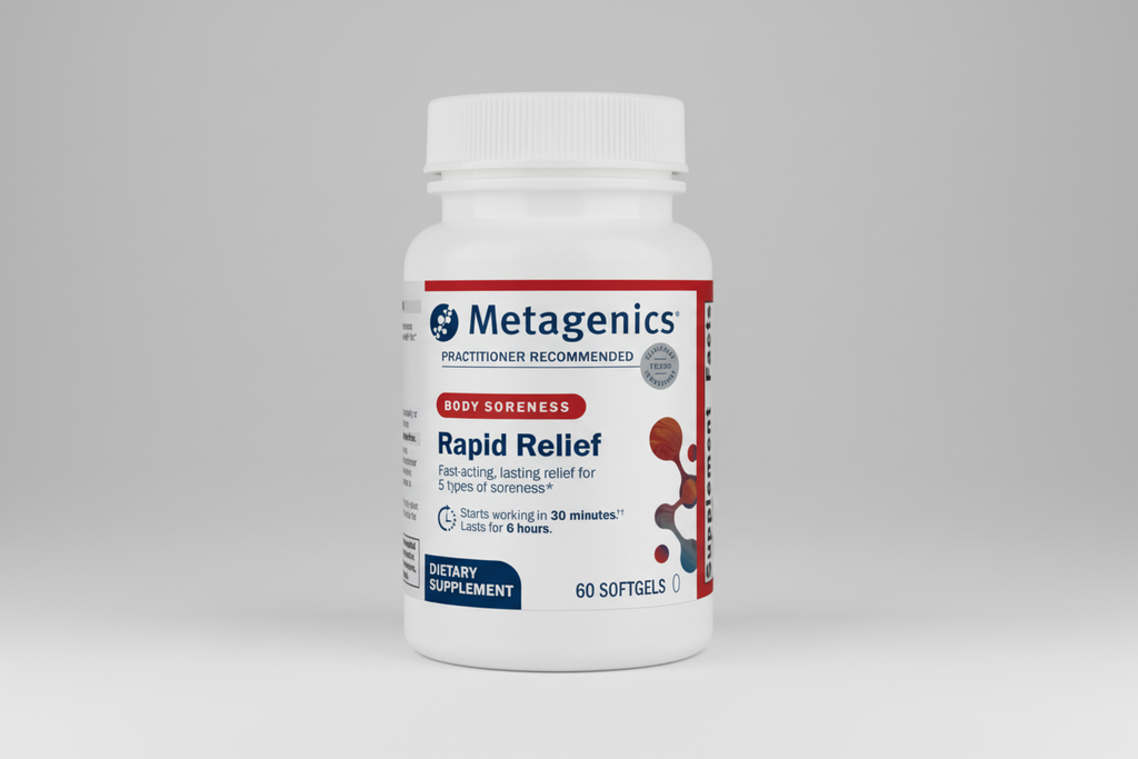 Metagenics Rapid Relief dietary supplement bottle on a white background