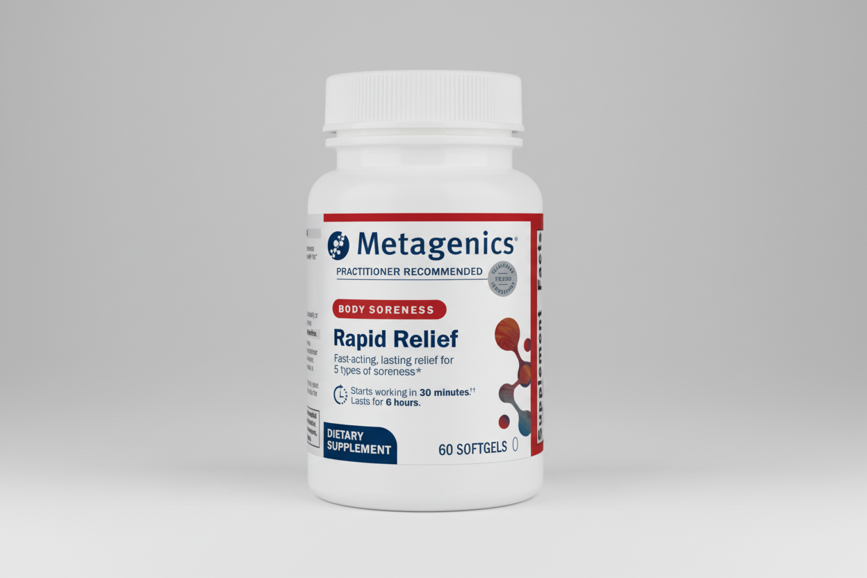 Metagenics Rapid Relief dietary supplement bottle on a white background