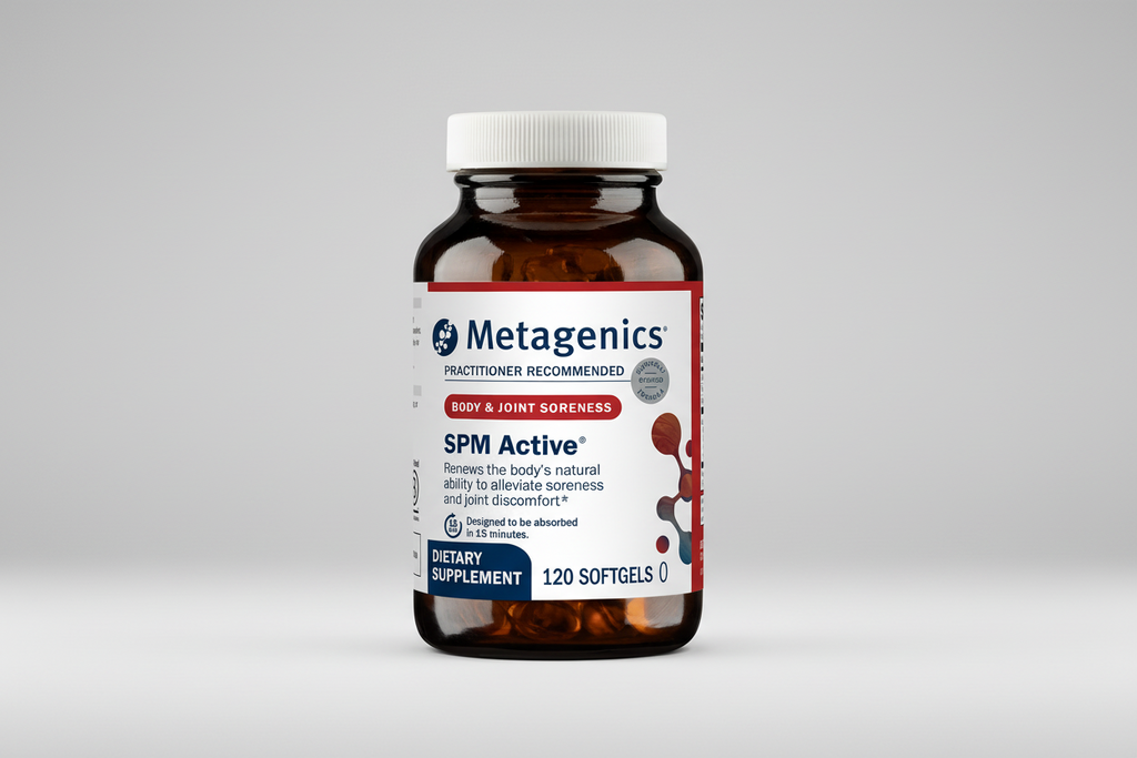 Metagenics SPM Active dietary supplement bottle on a white background
