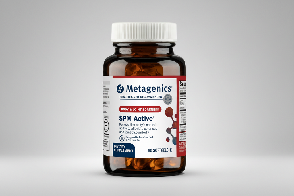 Metagenics SPM Active dietary supplement bottle on a white background
