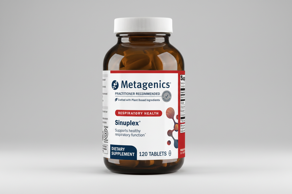 Metagenics Sinuplex dietary supplement bottle on a white background