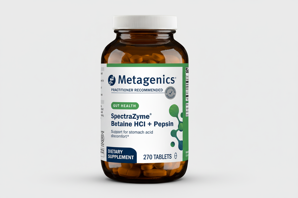Metagenics SpectraZyme Betaine HCl + Pepsin dietary supplement bottle on a white background