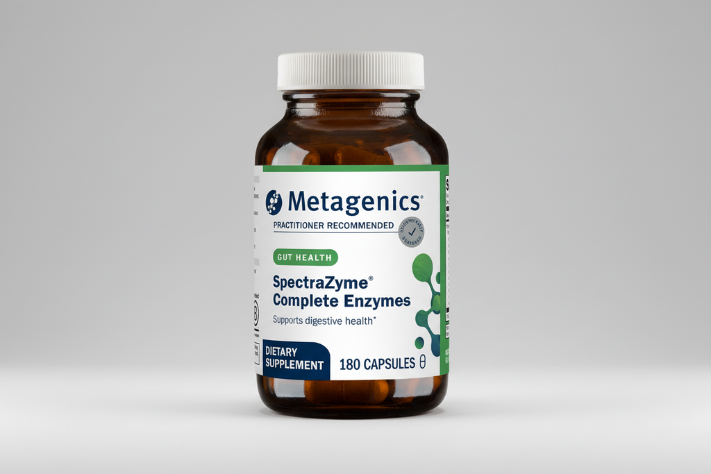 Metagenics SpectraZyme Complete Enzymes dietary supplement bottle on a white background
