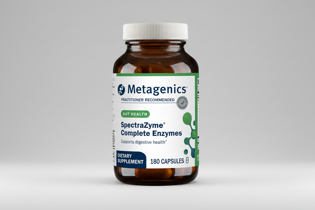 Metagenics SpectraZyme Complete Enzymes dietary supplement bottle on a white background