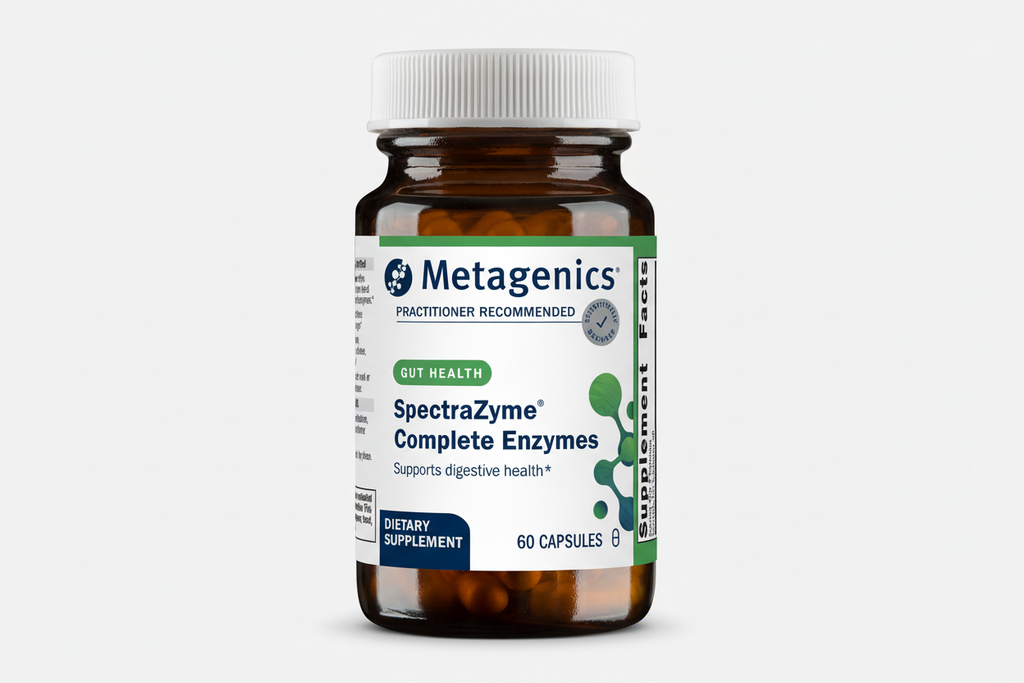 Metagenics SpectraZyme Complete Enzymes dietary supplement bottle on a white background