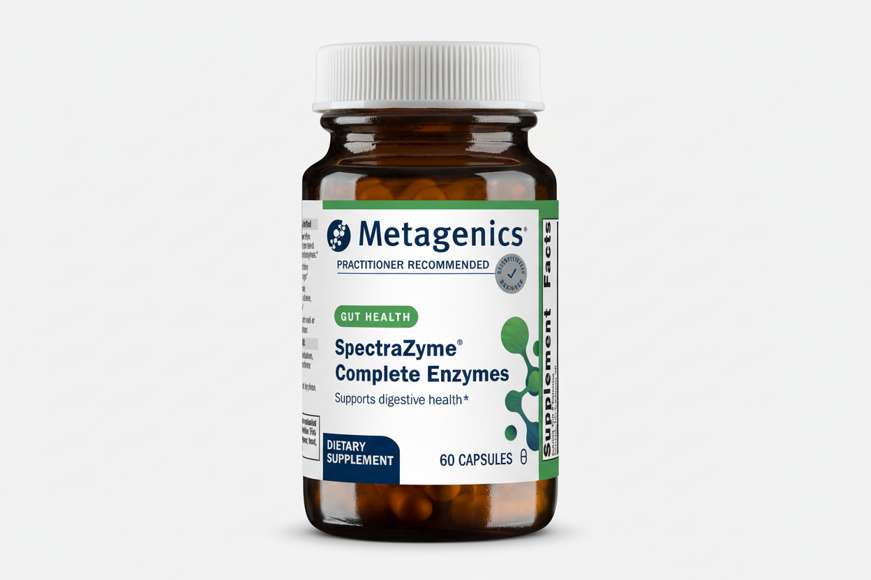 Metagenics SpectraZyme Complete Enzymes dietary supplement bottle on a white background
