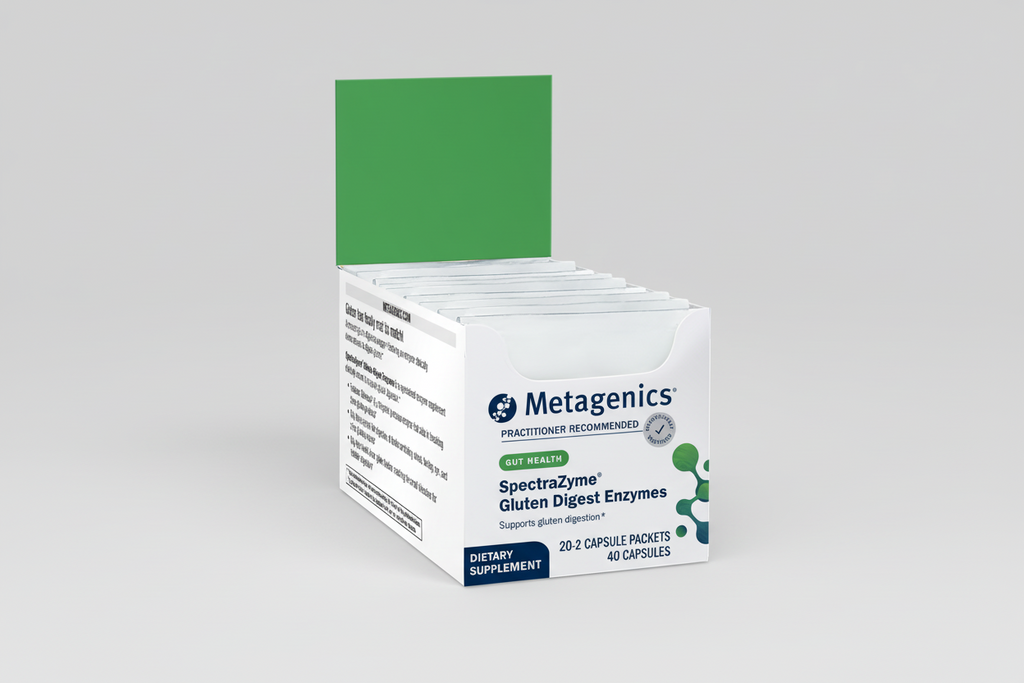 Box of Metagenics SpectraZyme Gluten Digest Enzymes dietary supplement on a white background