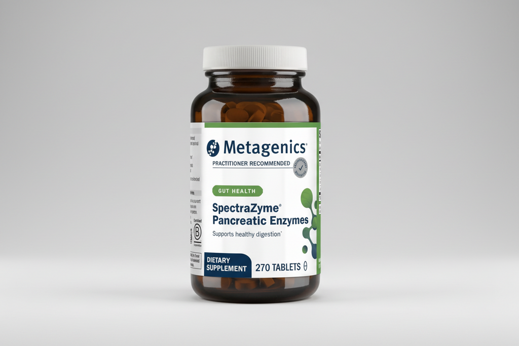 Metagenics SpectraZyme Pancreatic Enzymes dietary supplement bottle on a white background
