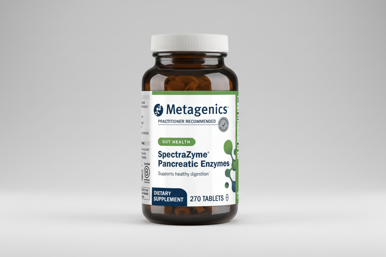 Metagenics SpectraZyme Pancreatic Enzymes dietary supplement bottle on a white background