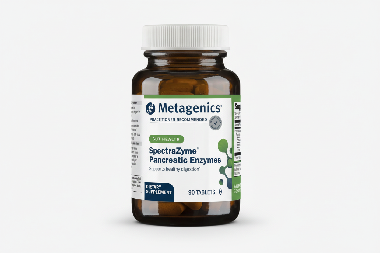 Metagenics SpectraZyme Pancreatic Enzymes supplement bottle on a white background