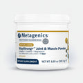 A white plastic jar of Metagenics StayStrong+ Joint & Muscle Powder dietary supplement, shown against a transparent checkered background.