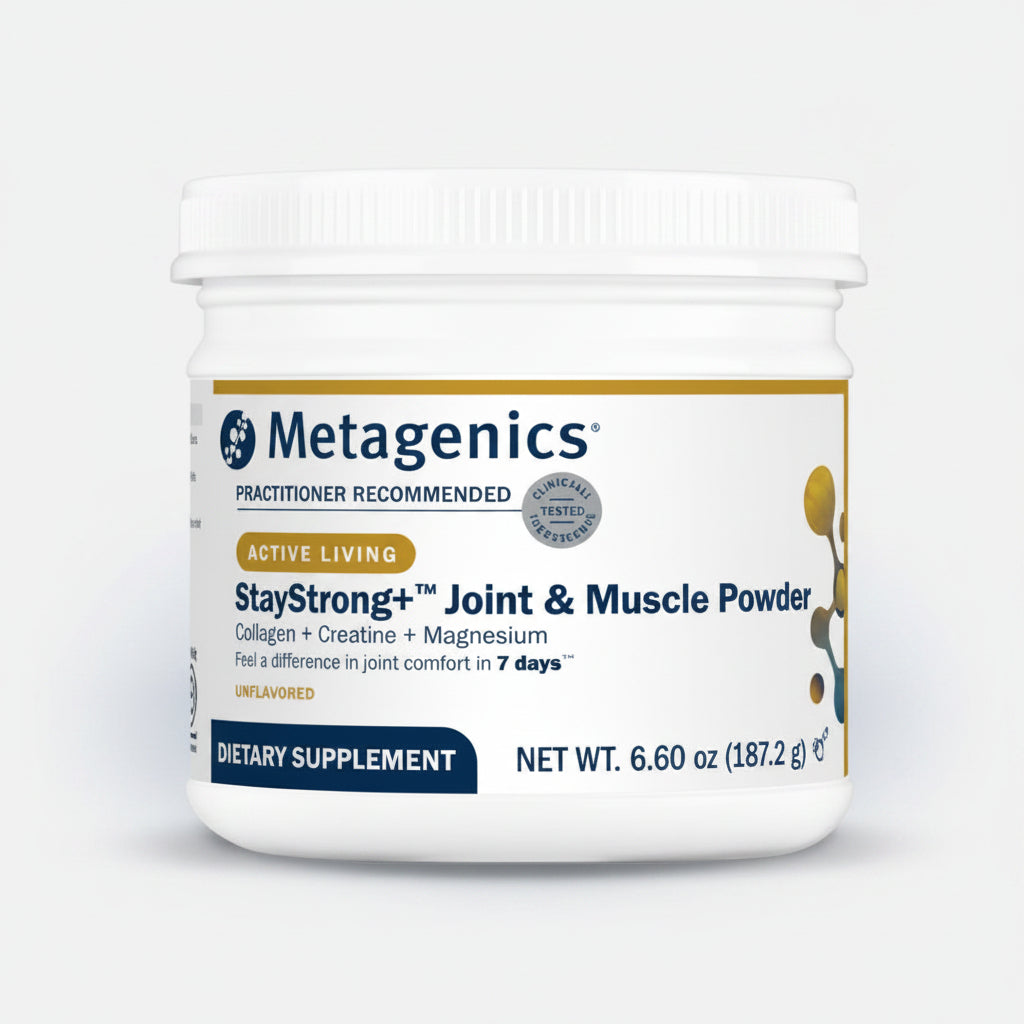A white plastic jar of Metagenics StayStrong+ Joint & Muscle Powder dietary supplement, shown against a transparent checkered background.