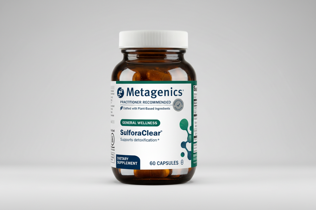 Metagenics SulforaClear supplement bottle on a white background